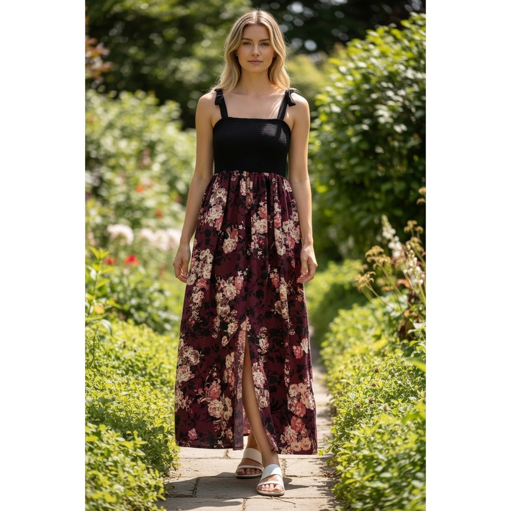 Smocked Maxi Floral Tassel Tie Straps Sun Flowy Prairie Dress Women's L Lildy